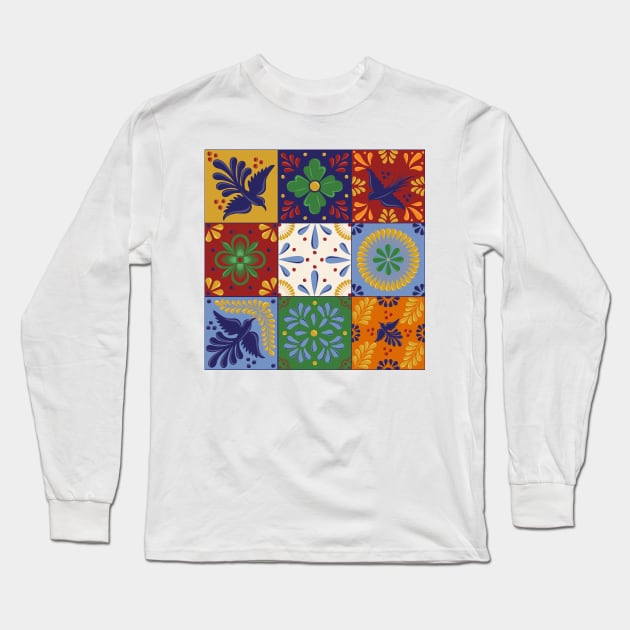 Mexican Talavera Tiles Colorful Pattern Long Sleeve T-Shirt by Akbaly